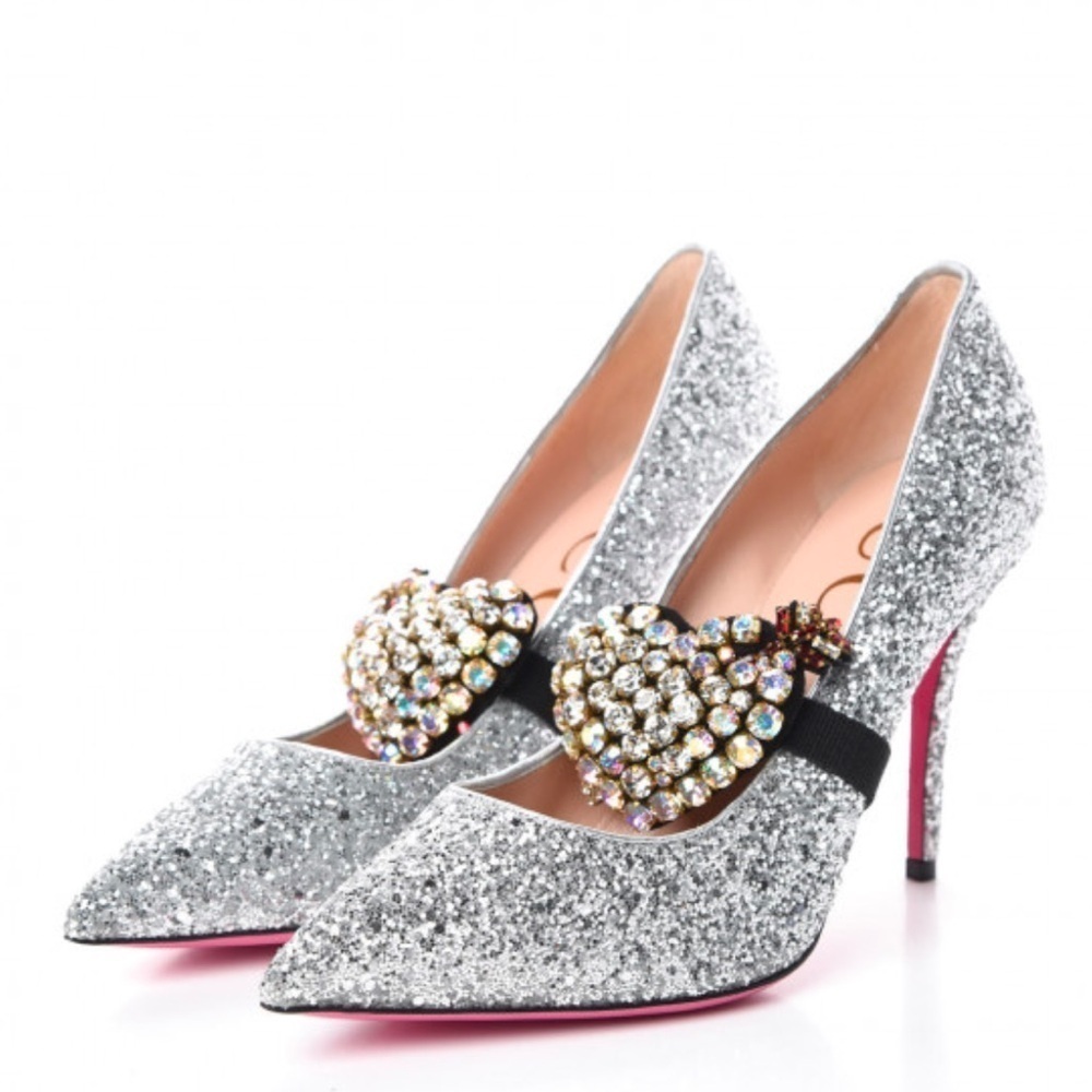 Gucci Argento silver glitter pumps with removable heart crystal detail